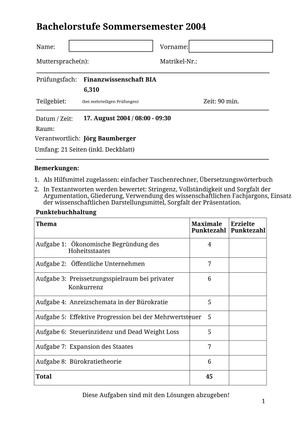 Finanzwissenschaft Prüfung 2004 + Lösungen