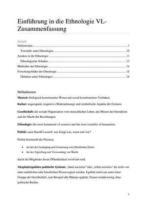 Einführung in die Ethnologie VL-Zusammenfassung