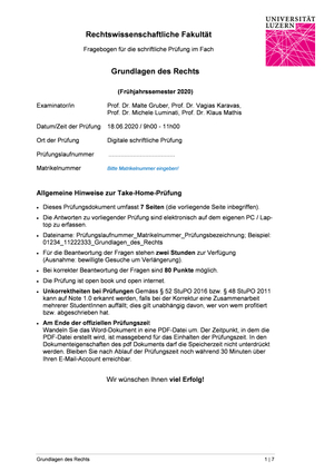 Prüfung Grundlagen des Rechts FS20