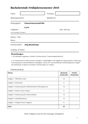 Finanzwissenschaft Musterprüfung FS2010