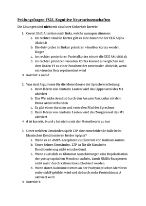 Kognitive Neurowissenschaften Prüfungsfragen