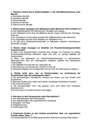 Entwicklungspsychologie 3: Übungsfragen
