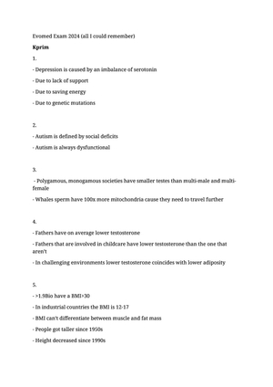 BIO228 Evomed Prüfungsfragen aus Erinnerung