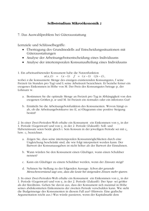 Mikro II: Selbststudium Auswahlproblem 1 + Lösung