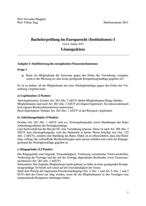 Europarecht(Institutionen) I Prüfung 2011 Musterl.
