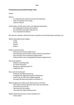 Prüfungsfragen - Physiologie und Anatomie I