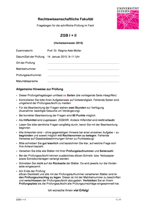 ZGB I und II Prüfung HS15 + Lösung
