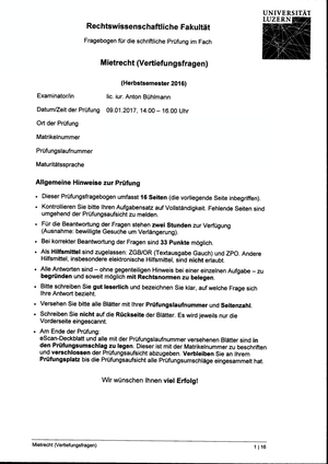 Mietrecht Prüfung HS16