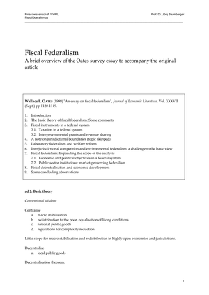 Zusammenfassung Fiscal Federalism Oates Overview