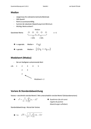 Zusammenfassung Median, Modalwert, Varianz & SA