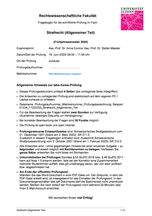 Prüfung Strafrecht Allgemeiner Teil FS20