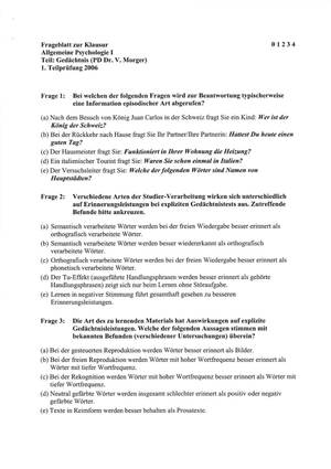 Allg. Psycho 1: Gedächtnis Prüfung 2006 Lösungen
