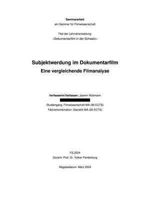 Filmwissenschaftliche Seminararbeit: "Subjektwerdung im Dokumentarfilm"