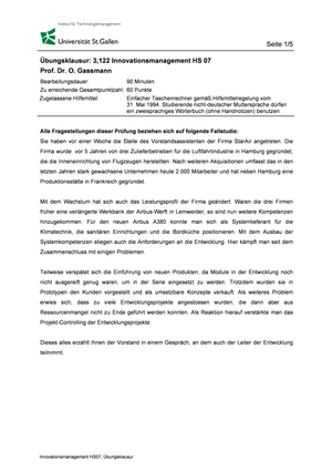 Inno-Management Übungsklausur HS2007 + Lösung