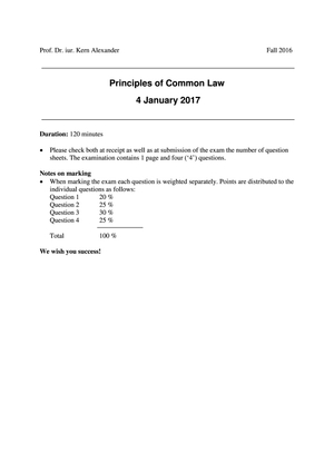 Principles Common Law Prüfung HS16 + Lösung