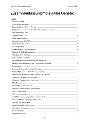 Bio111 - Zusammenfassung Molekulare Genetik
