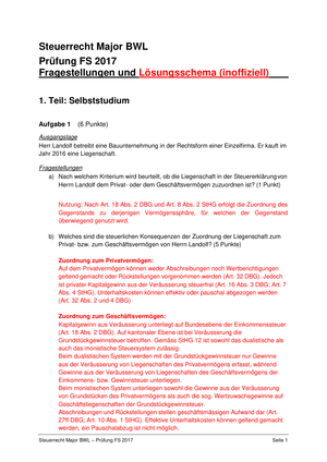Steuerrecht - Prüfung + Lösung FS17