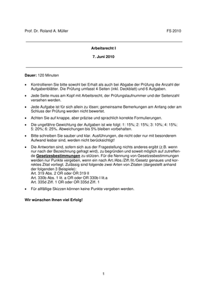 Arbeitsrecht I Prüfung 2010