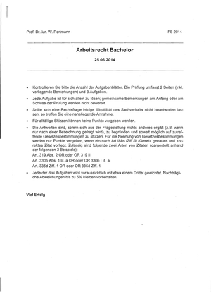 Arbeitsrecht (Bachelor) Prüfung 2014 #2