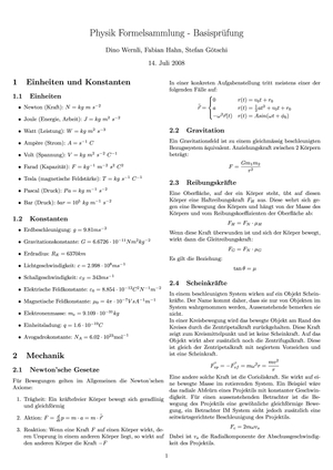 Physik Formelsammlung (BAsisprüfung D-ITET)