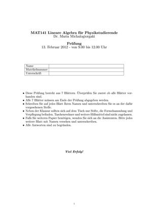 MAT141 Lin. Alg. f. Phy.st. Probeprüfung 2012