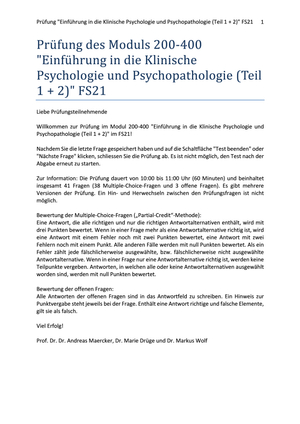 Einführung in die klinische Psychologie + Psychopathologie FS21