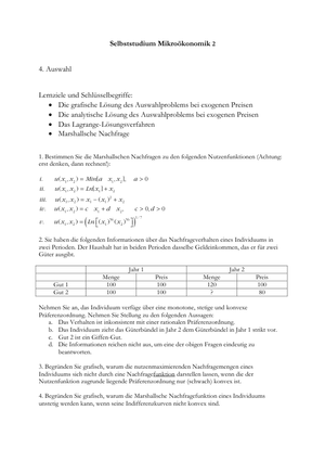 Mikro II: Selbststudium Güterausstattung2 + Lösung