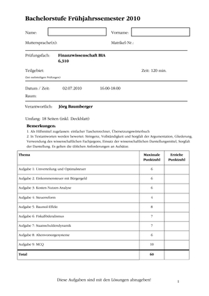 Finanzwissenschaft Musterprüfung 2010 + Lösungen