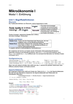 Mikroökonomie Zusammenfassung (Folien, Übungen)