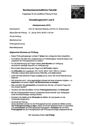 Verwaltungsrecht I und II Prüfung HS15