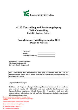 Probeklausur Controlling FS18 inkl. Lösung
