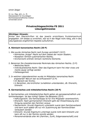 Privatrechtsgeschichte Prüfung 2011 Musterlösung