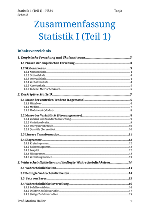 Zusammenfassung Statistik 1 (Teil 1) - HS24