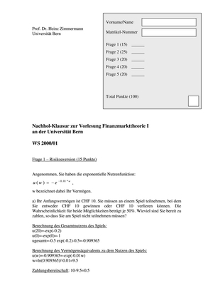 Finanzmarkttheorie I N-Prüfung HS2000 (Uni Bern)