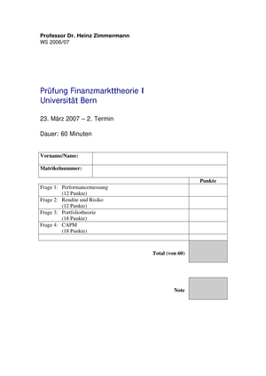 Finanzmarkttheorie I Prüfung FS2007 (Uni Bern)