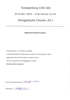 CHE 205 AC I Testprüfung 2007 + Lösung