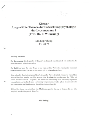 Entwicklungspsychologie 1 Prüfung 2009