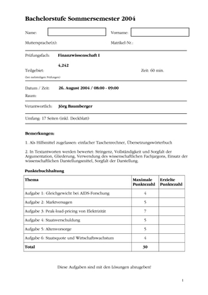 Finanzwissenschaft Prüfung 2004 + Lösungen