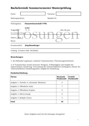 Finanzwissenschaft Musterprüfung 2006 + Lösungen