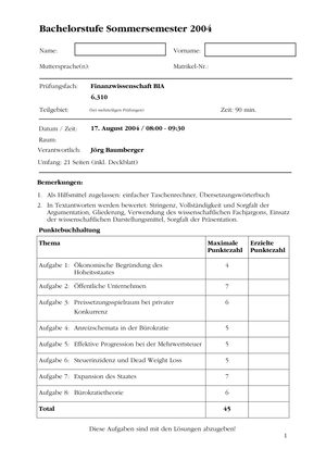 Finanzwissenschaft Musterprüfung 2004 + Lösungen