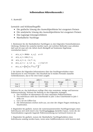 Mikro II: Selbststudium Güterausstattung1 + Lösung