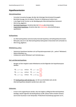Zusammenfassung Hypothesentesten