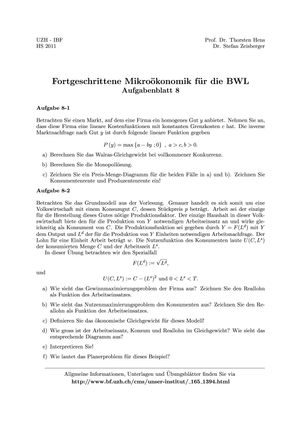 Fortgeschr. Mikro für BWL HS11 Übung 8
