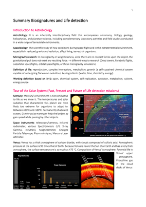 Summary Biosignatures and life detection